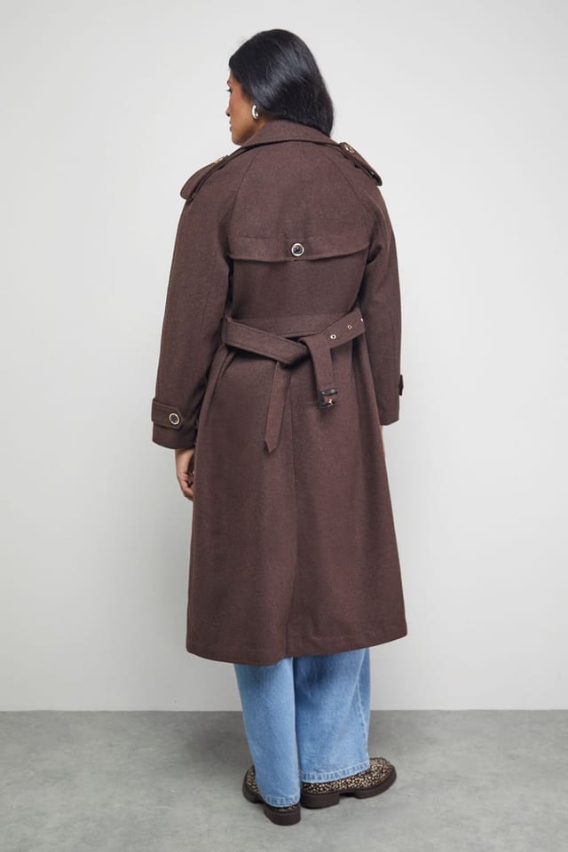 Warehouse Warehouse Women's Wool Mix Belted Trench Coat in Chocolate - 3