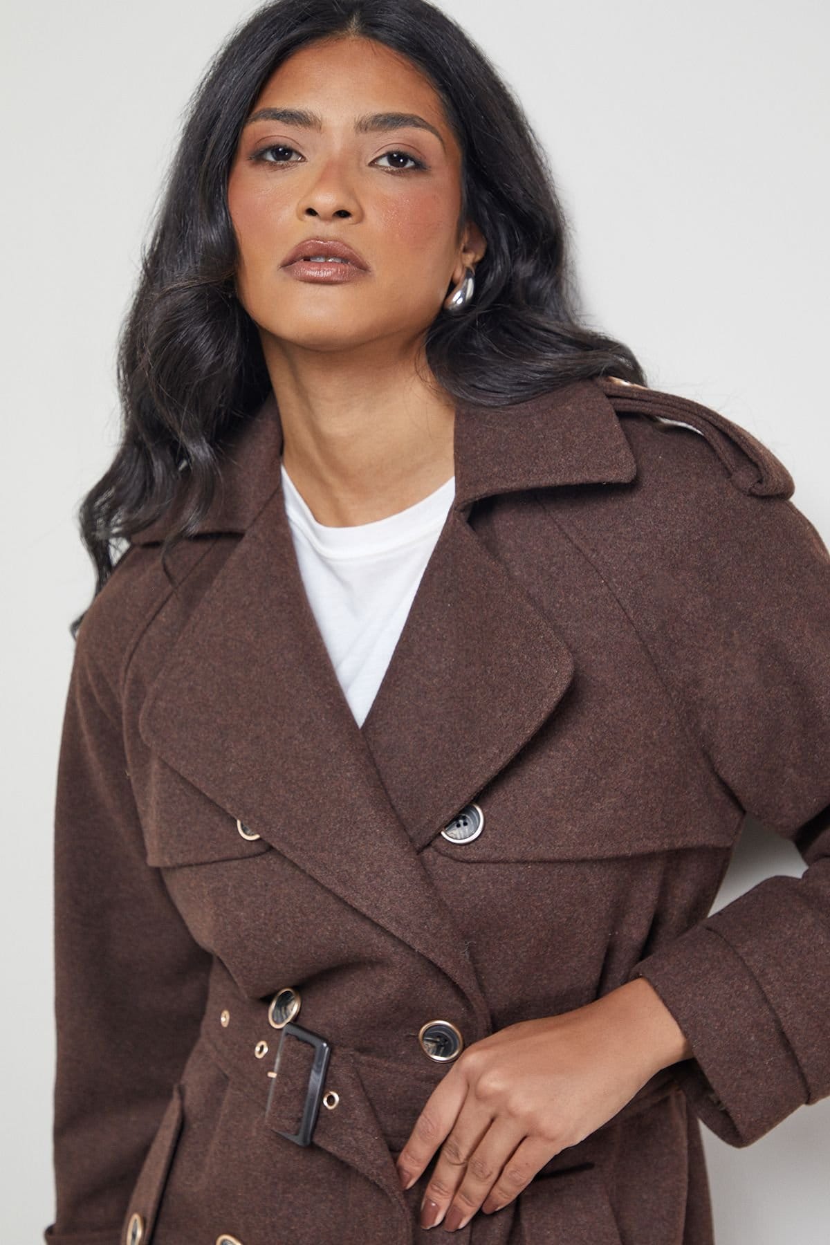 Warehouse Warehouse Women's Wool Mix Belted Trench Coat in Chocolate - 4