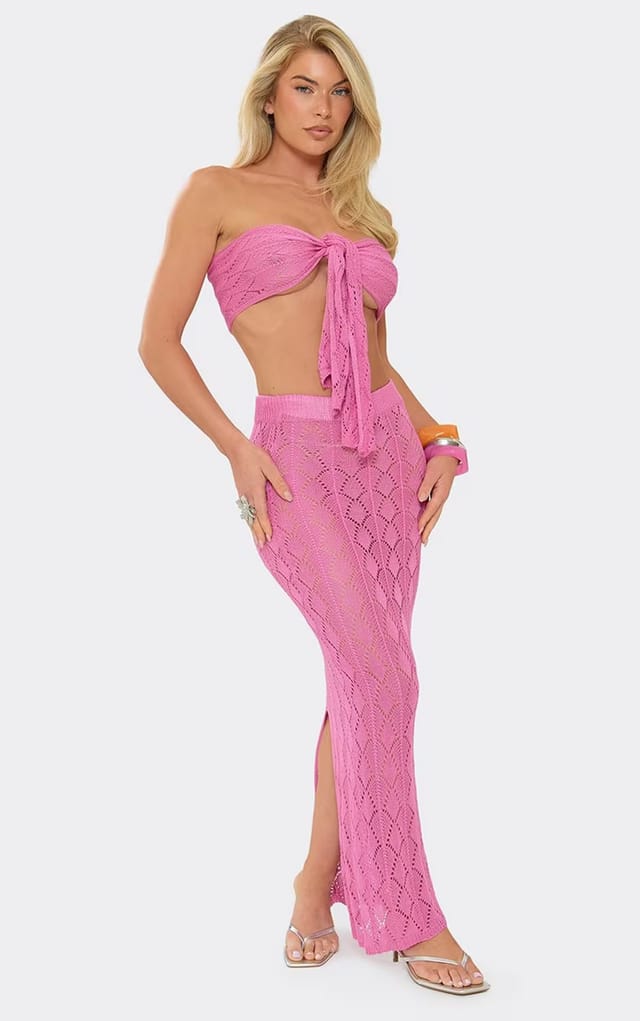 EGO Low Rise Maxi Skirt In Pink Crochet Knit, Women's Size UK L - 2