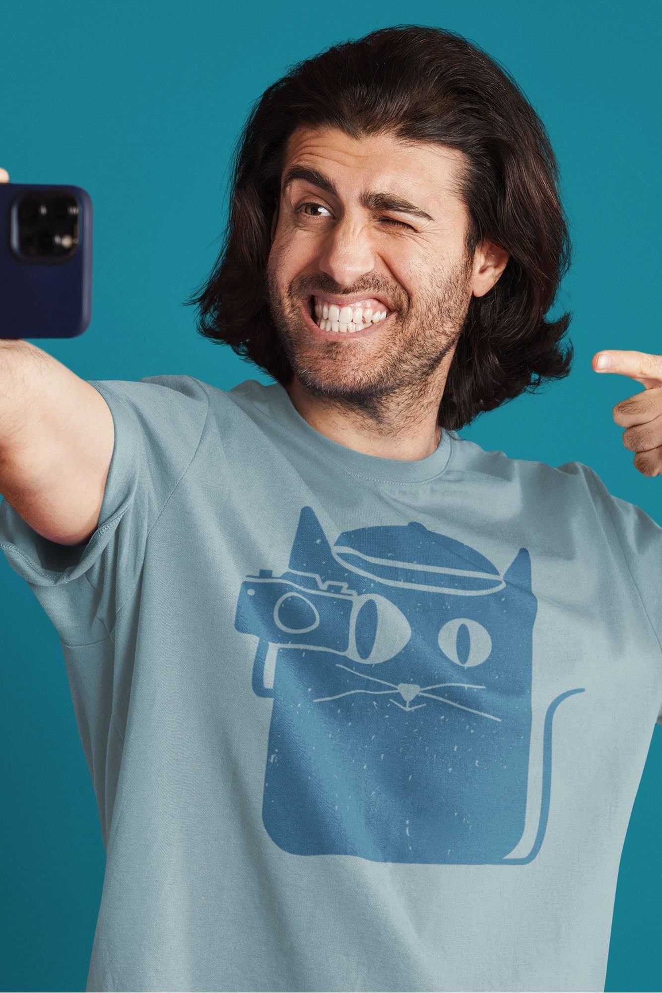 Bad Zebedee Bad Zebedee Men's Photographer Cat T-Shirt in Light Blue