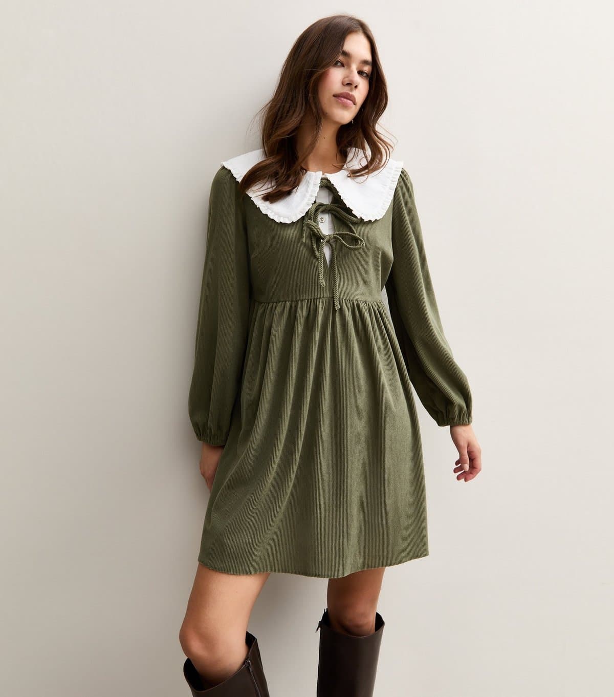 New Look Women's Light Khaki Tie Front Corduroy Smock Mini Dress New Look