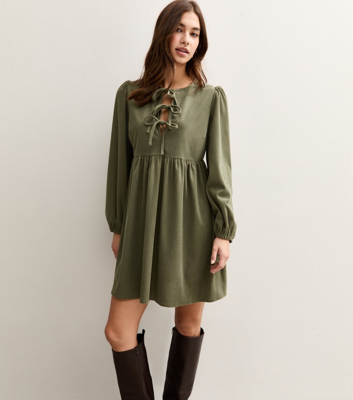 New Look Women's Light Khaki Tie Front Corduroy Smock Mini Dress New Look - 4