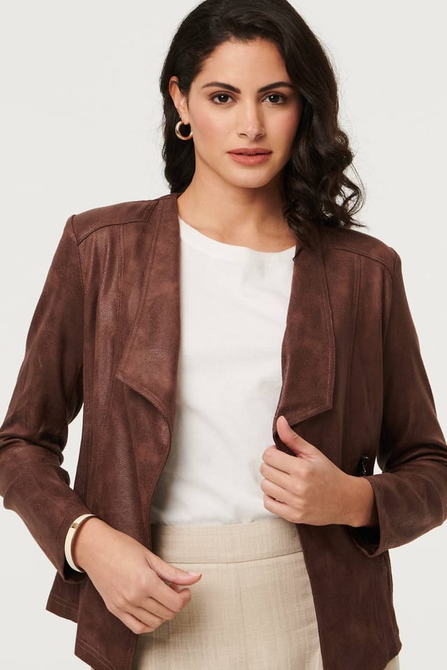 Izabel London Izabel London Women's Faux Leather Waterfall Front Crop Jacket in Brown - 2