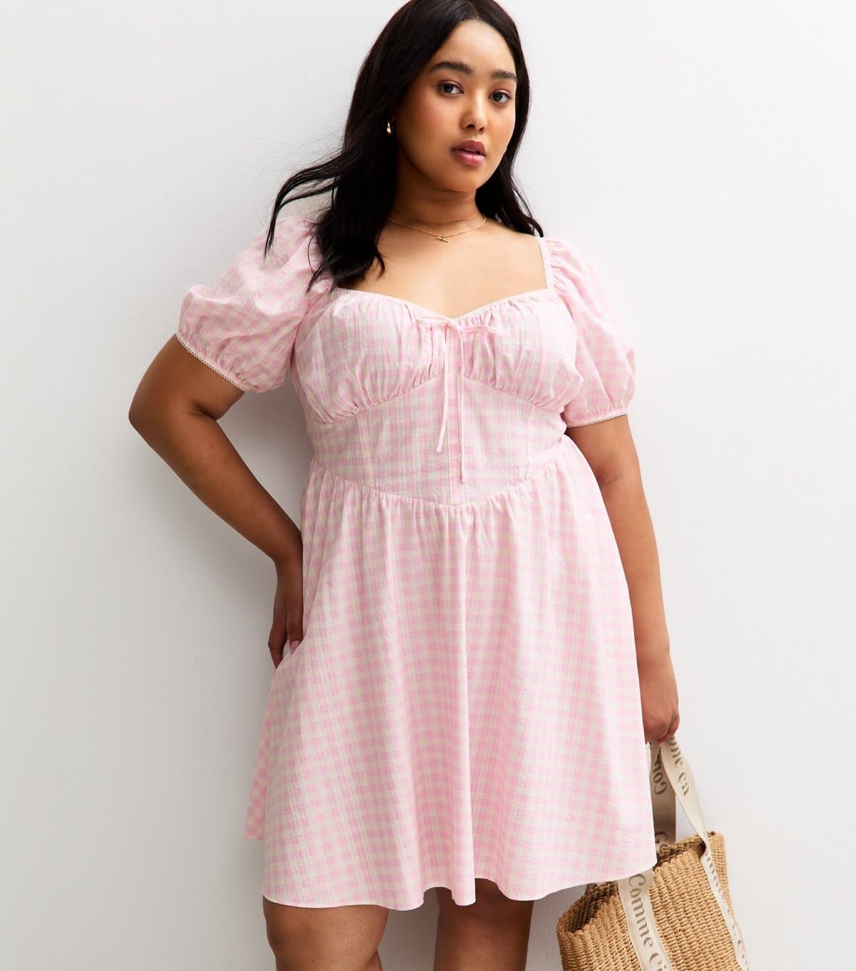 New Look Women's Plus Size Light Pink Gingham Check Milkmaid Mini Dress Curves New Look