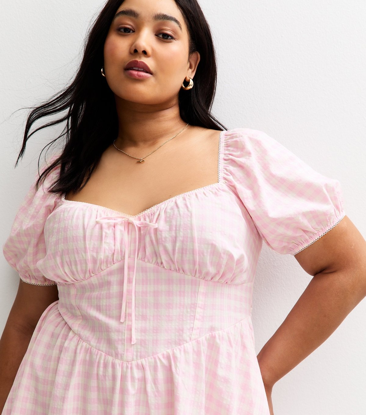 New Look Women's Plus Size Light Pink Gingham Check Milkmaid Mini Dress Curves New Look - 2