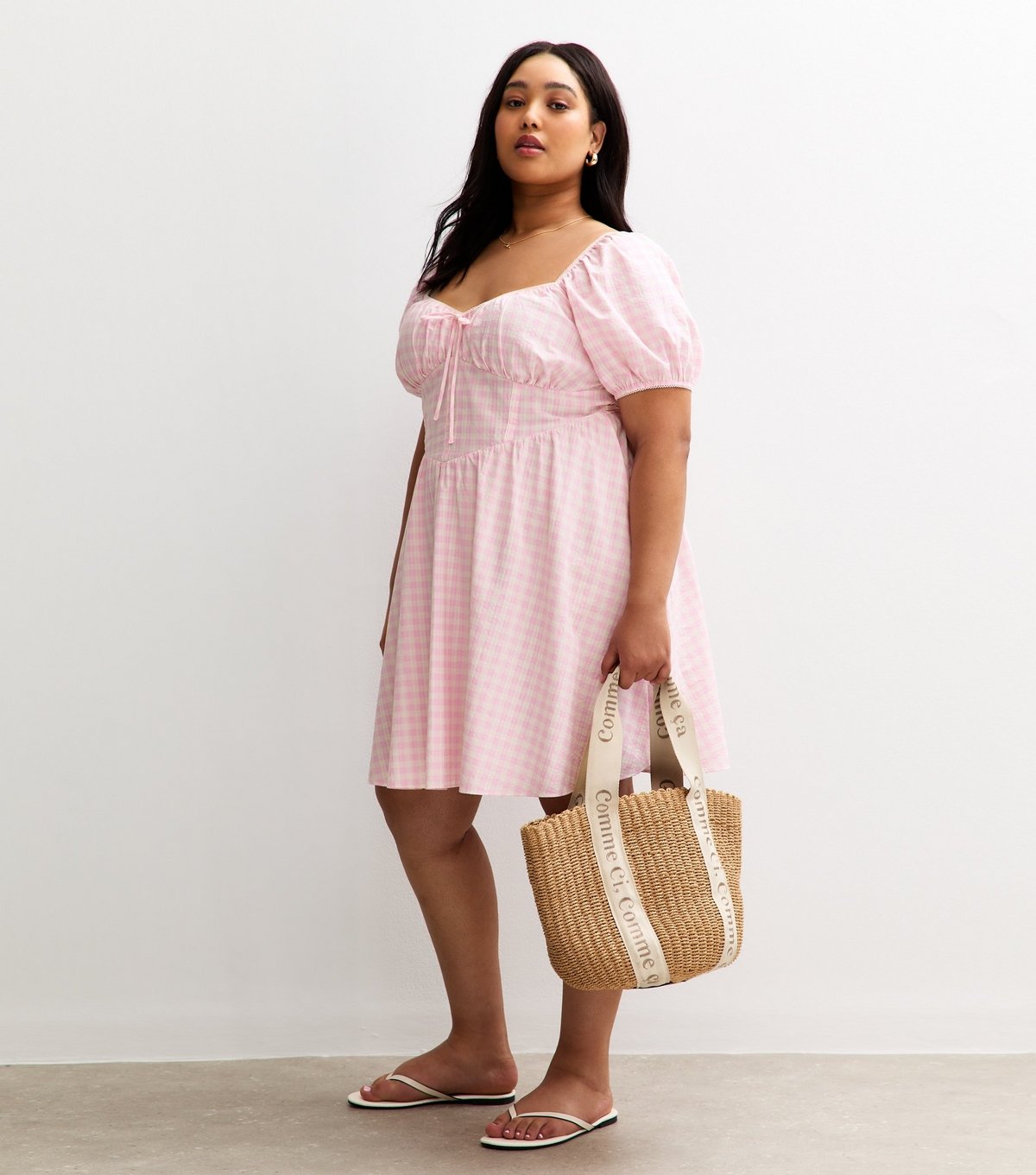 New Look Women's Plus Size Light Pink Gingham Check Milkmaid Mini Dress Curves New Look - 3