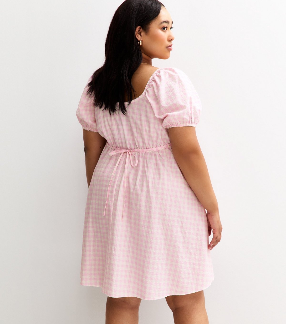 New Look Women's Plus Size Light Pink Gingham Check Milkmaid Mini Dress Curves New Look - 4