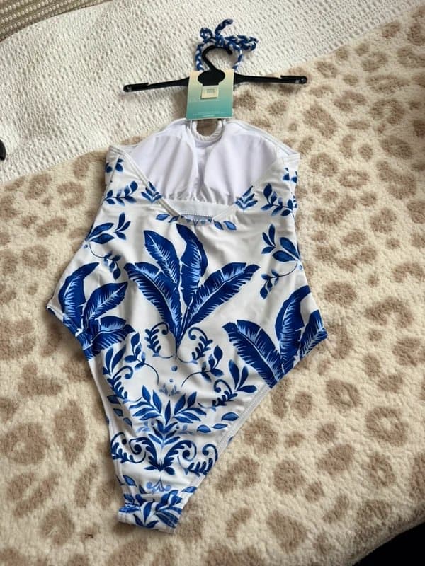 New Look New Look White & Blue Leaf Print Tummy Control Swimsuit Size 10