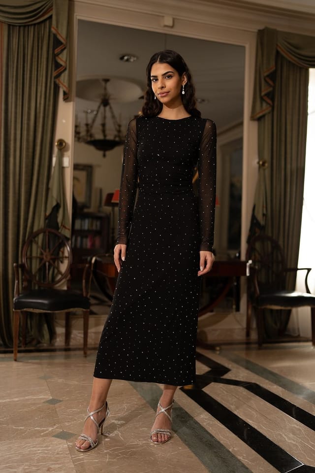 Yumi Yumi Women's Black Mesh Bodycon Midi Dress With Tie Back & Diamantes - 2