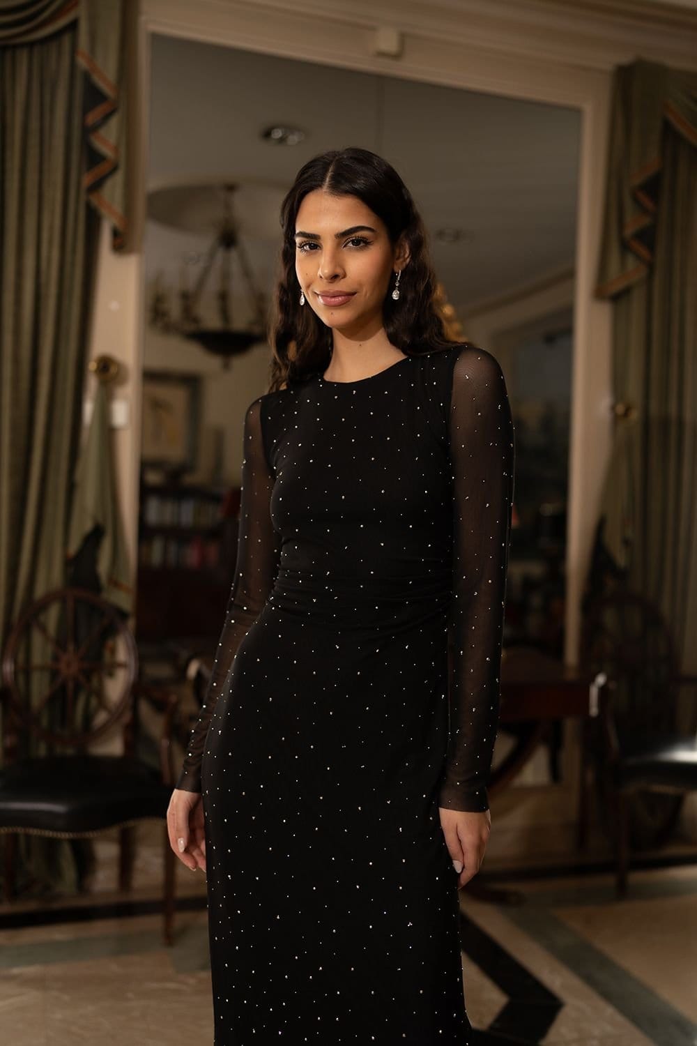 Yumi Yumi Women's Black Mesh Bodycon Midi Dress With Tie Back & Diamantes - 4