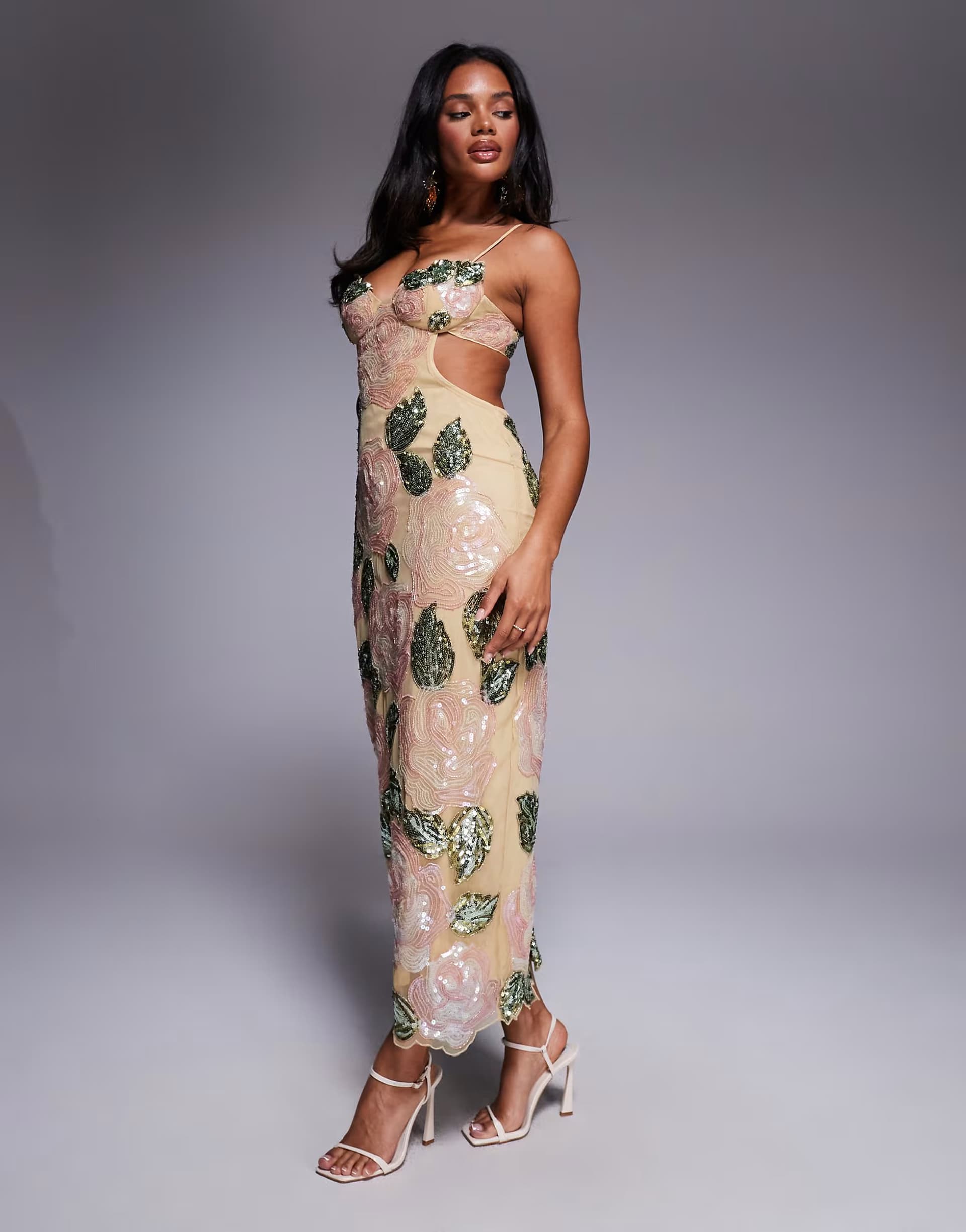 ASOS ASOS LUXE embellished beaded rose maxi dress in cream