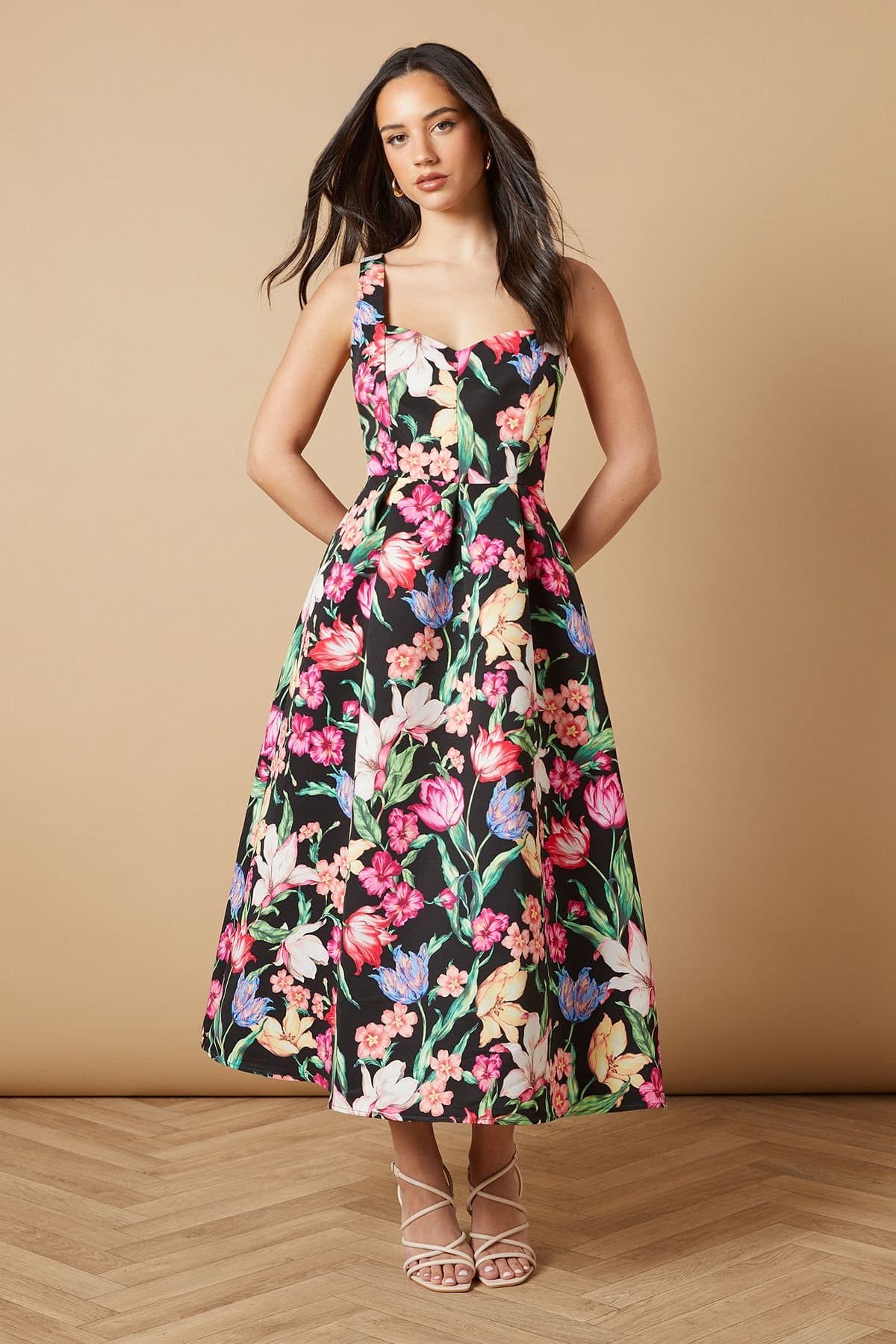 Oasis Oasis Women's Occasion Floral Strappy Twill Midi Dress in Black
