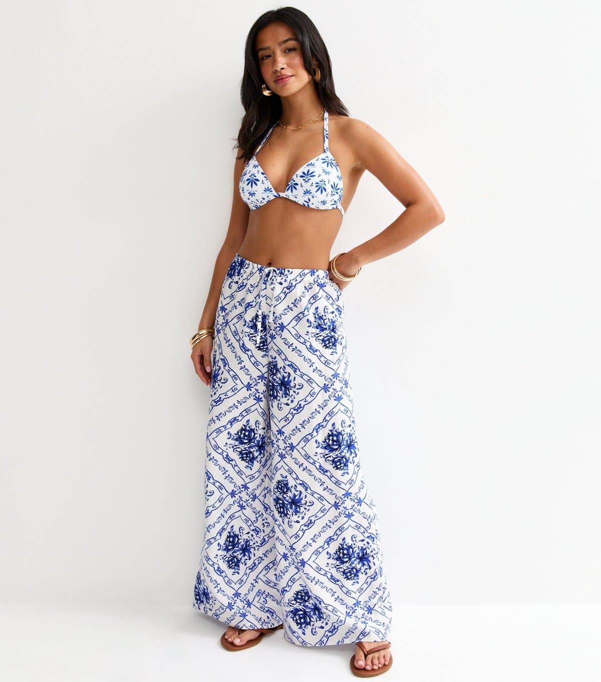 New Look Women's Petite Blue Floral Beach Wide Leg Trousers New Look