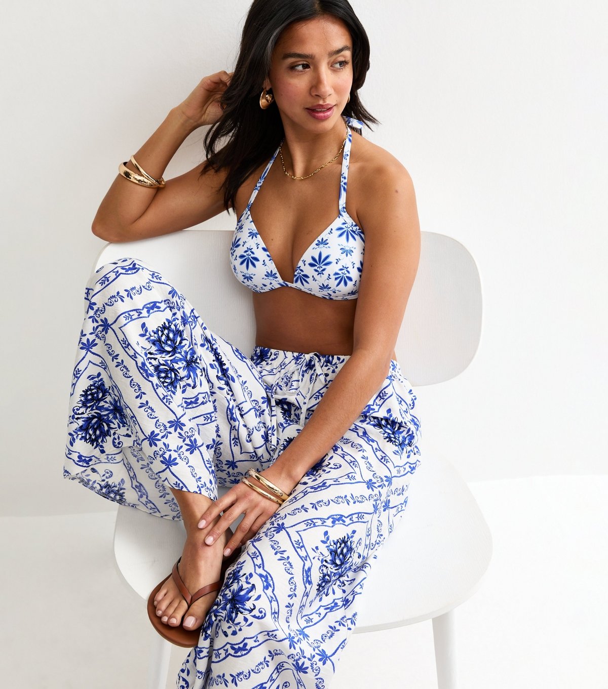 New Look Women's Petite Blue Floral Beach Wide Leg Trousers New Look - 3