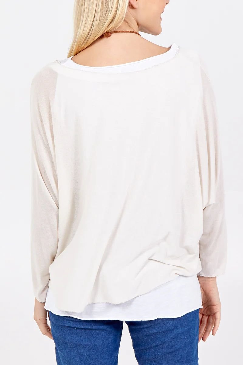 HOXTON GAL HOXTON GAL Women's Oversized Long Sleeves Layered Blouse With Necklace in Beige - 2