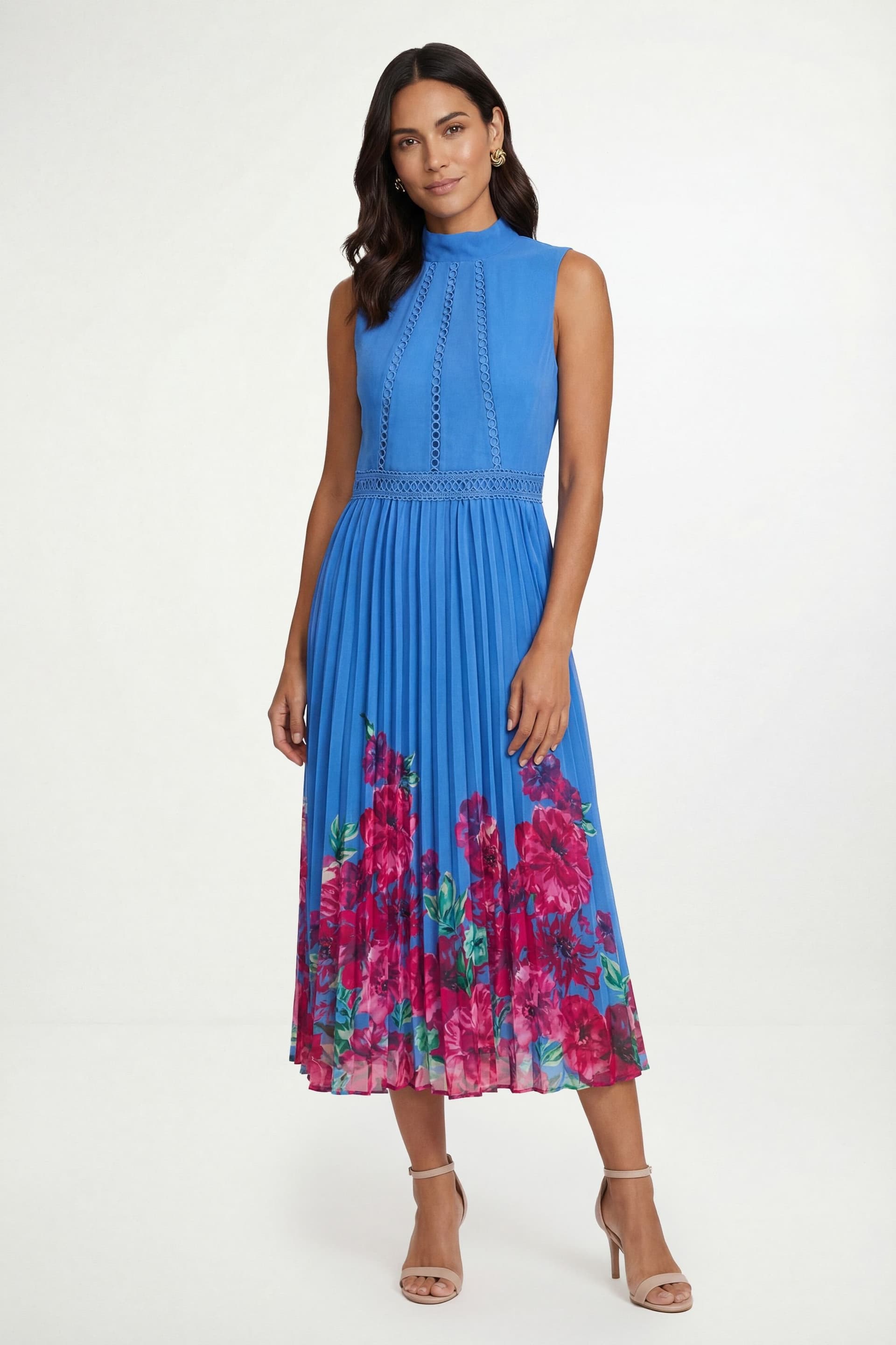 Wallis Wallis Women's Petite Floral Lace Insert Pleated Midi Dress in Blue