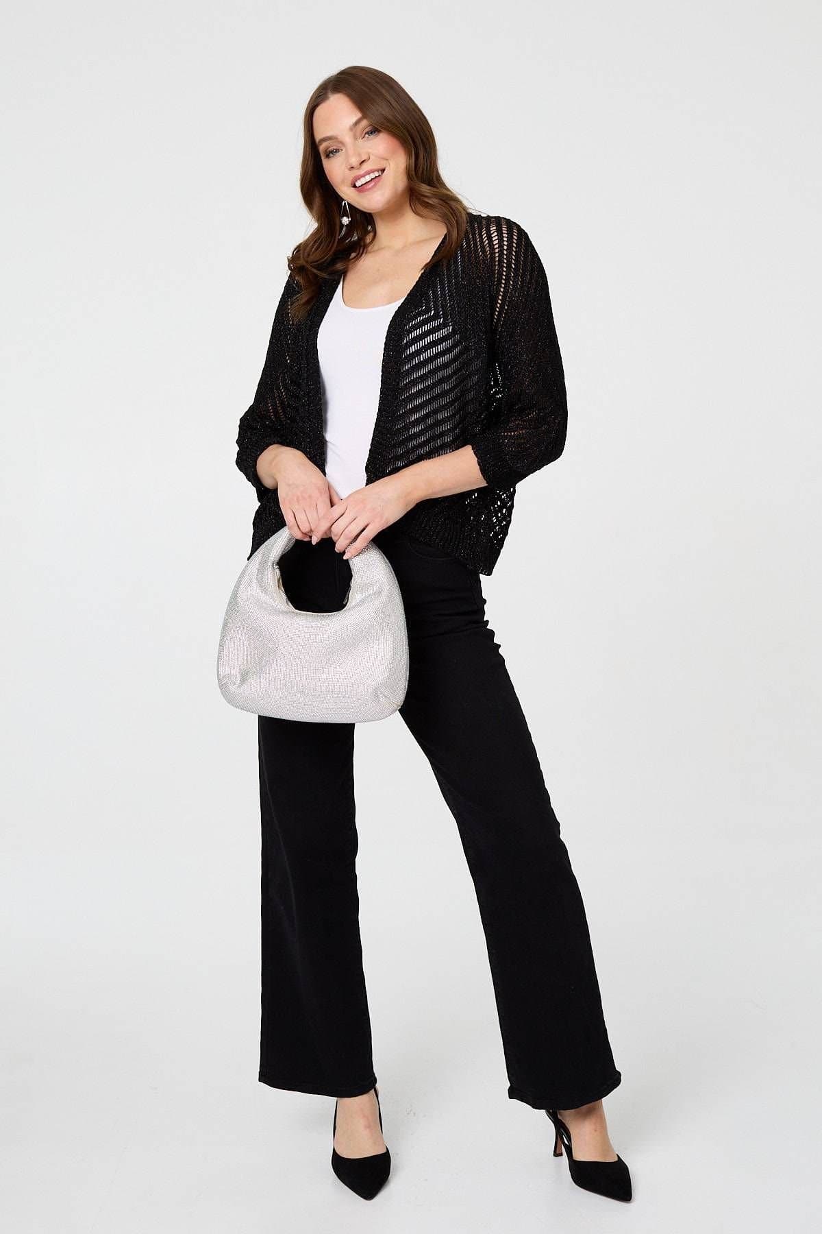 Izabel London Izabel London Women's Chevron Texture Mesh 1/2 Sleeve Cardigan in Black