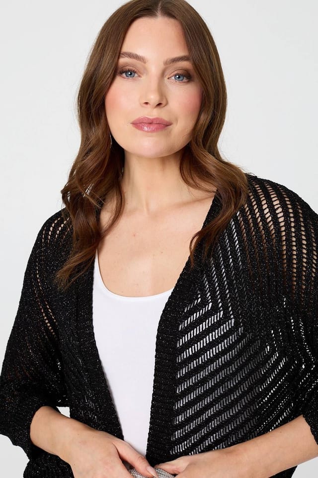 Izabel London Izabel London Women's Chevron Texture Mesh 1/2 Sleeve Cardigan in Black - 2