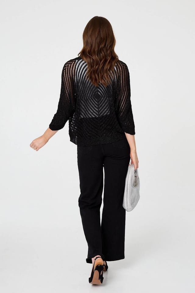 Izabel London Izabel London Women's Chevron Texture Mesh 1/2 Sleeve Cardigan in Black - 3