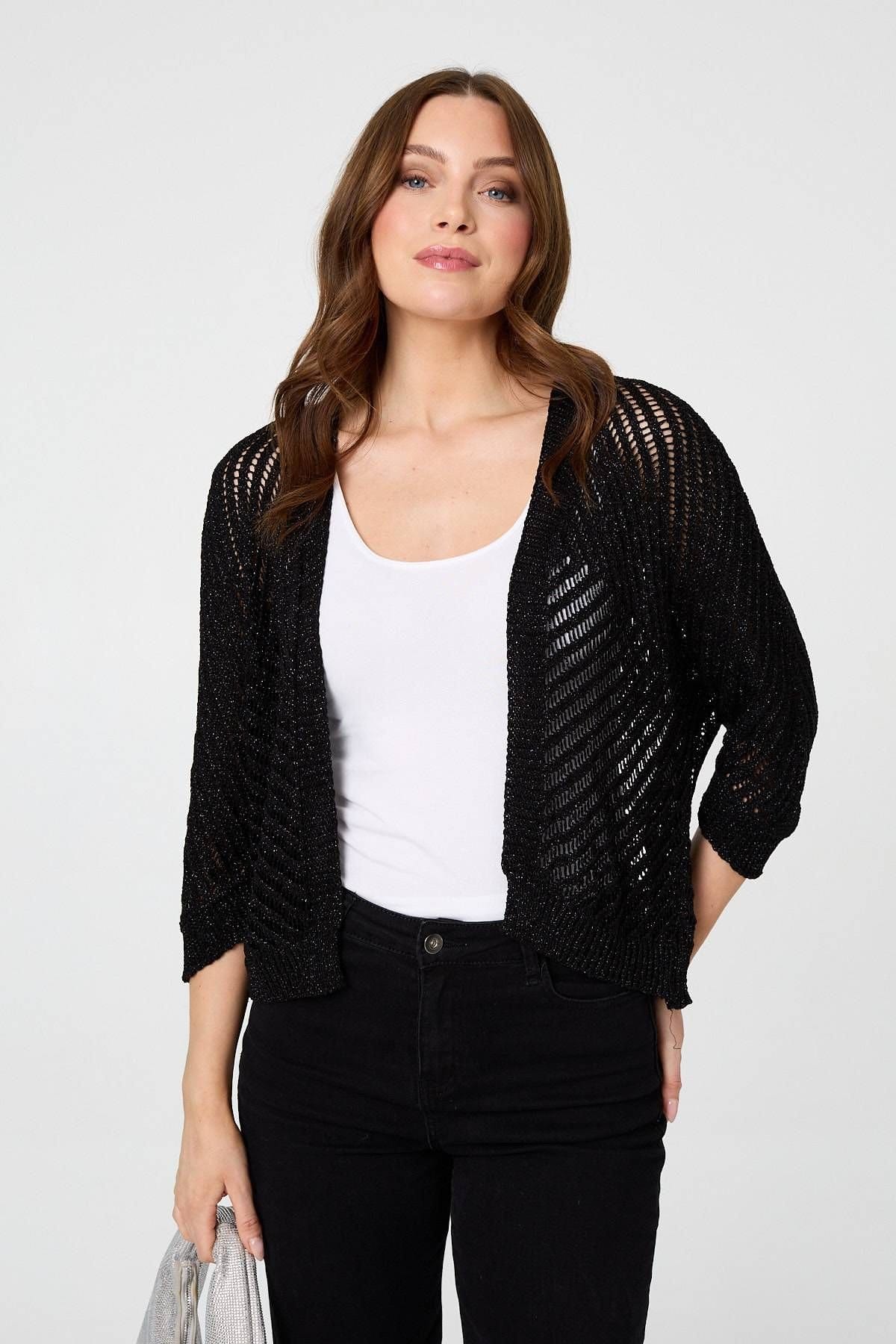 Izabel London Izabel London Women's Chevron Texture Mesh 1/2 Sleeve Cardigan in Black - 4