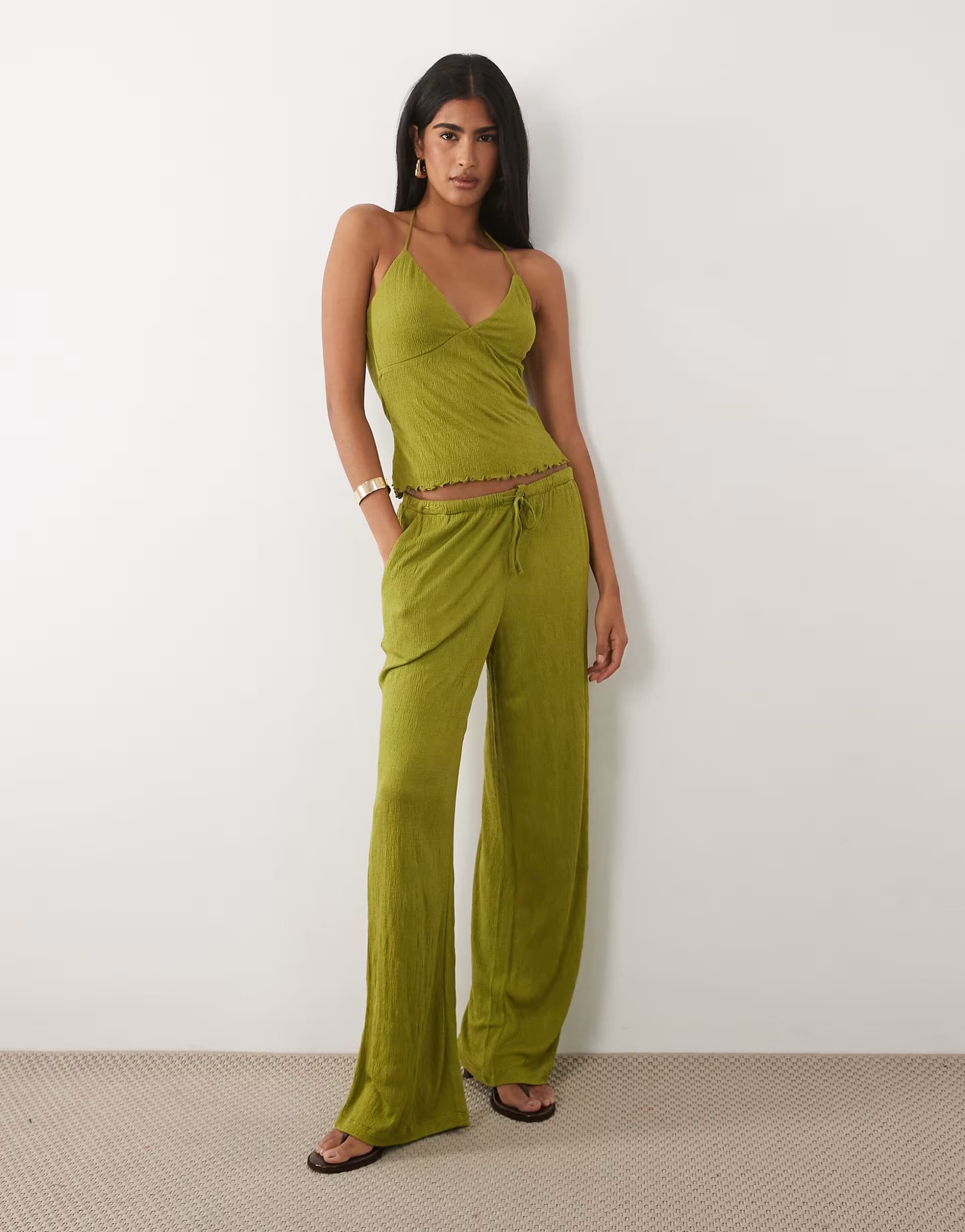ASOS ASOS DESIGN co-ord crinkle wide leg drawstring trouser in green