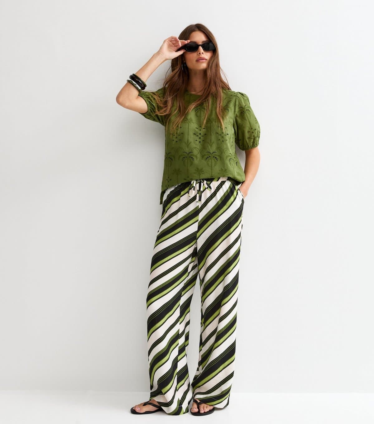 New Look Women's Green Diagonal Stripe Wide Leg Trousers New Look