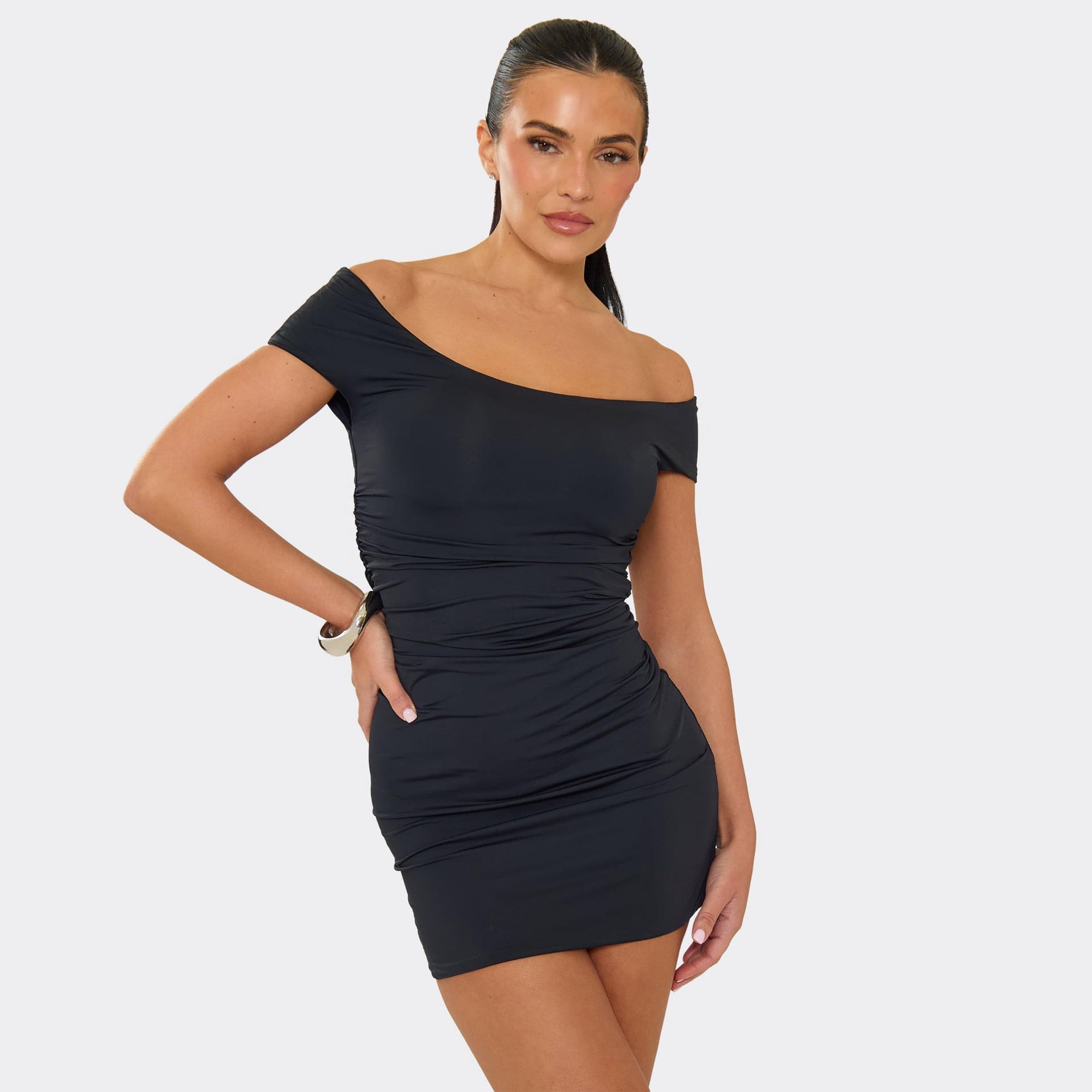 EGO Off The Shoulder Ruched Mini Dress In Black Slinky, Women's Size UK L