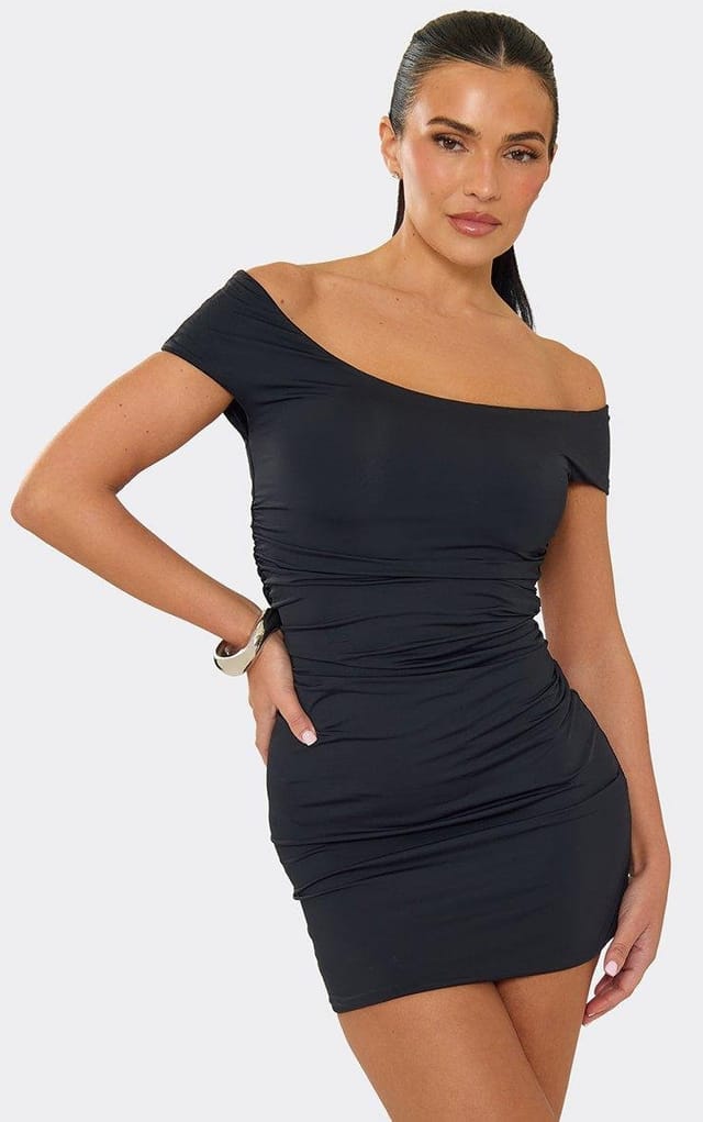EGO Off The Shoulder Ruched Mini Dress In Black Slinky, Women's Size UK L - 2