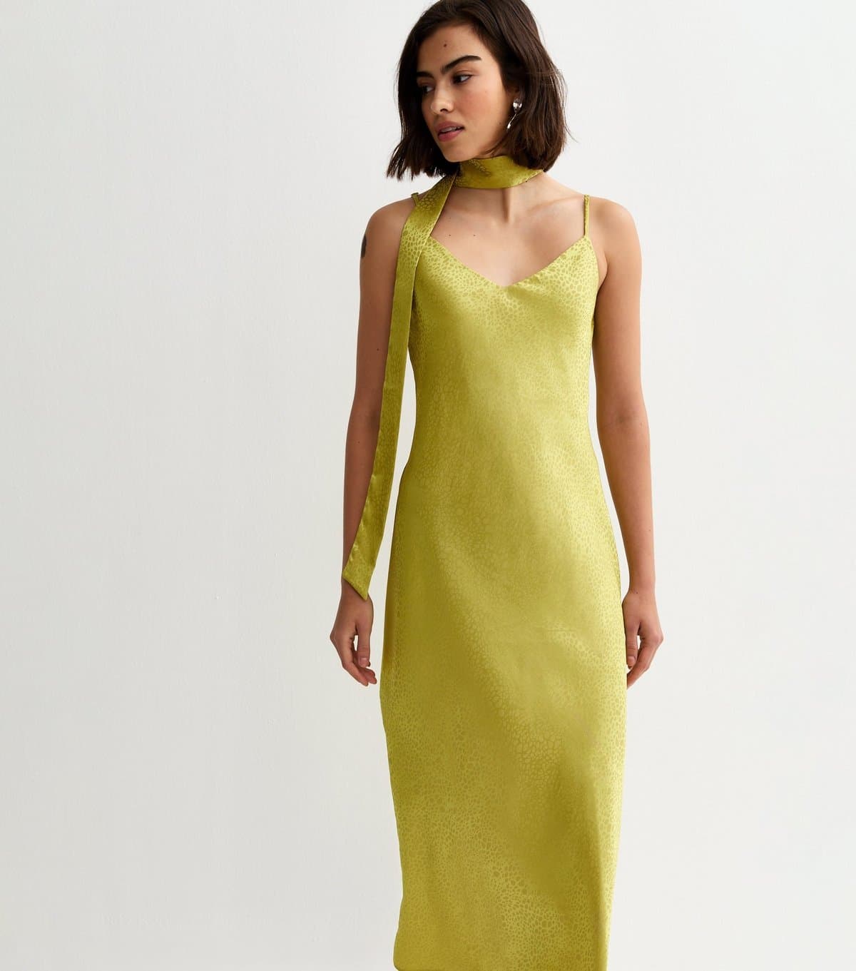New Look Women's Light Green Satin Slip Midi Dress with Scarf New Look