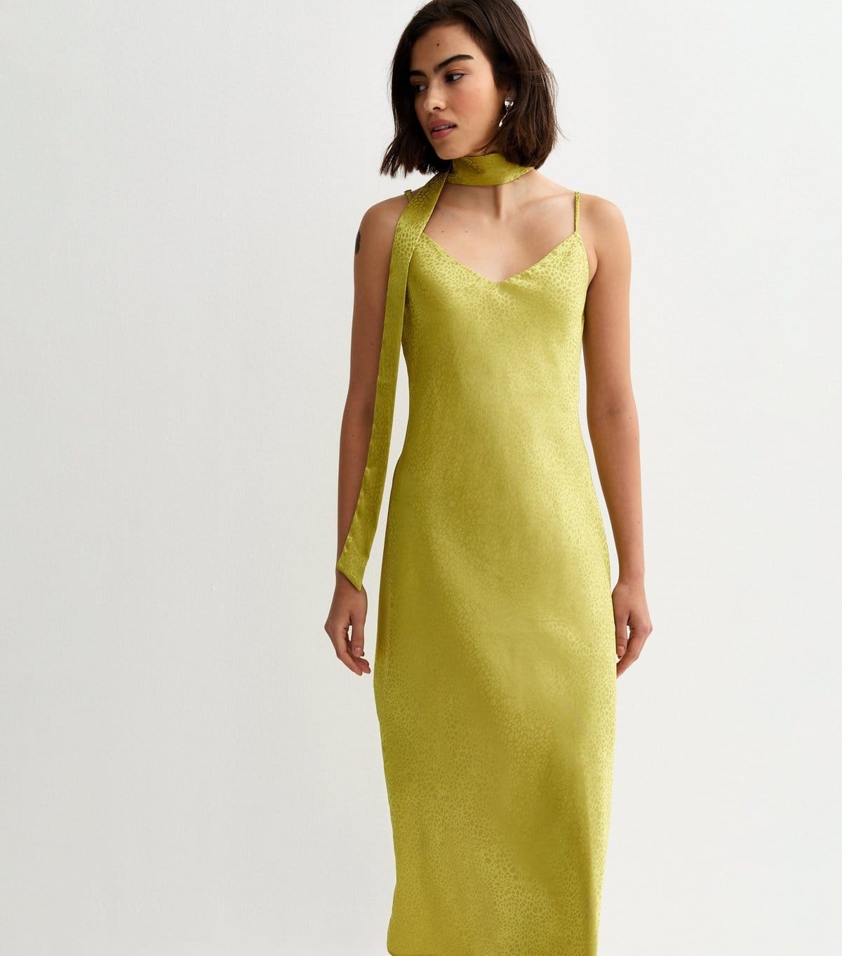 New Look Light Green Satin Slip Midi Dress with Scarf