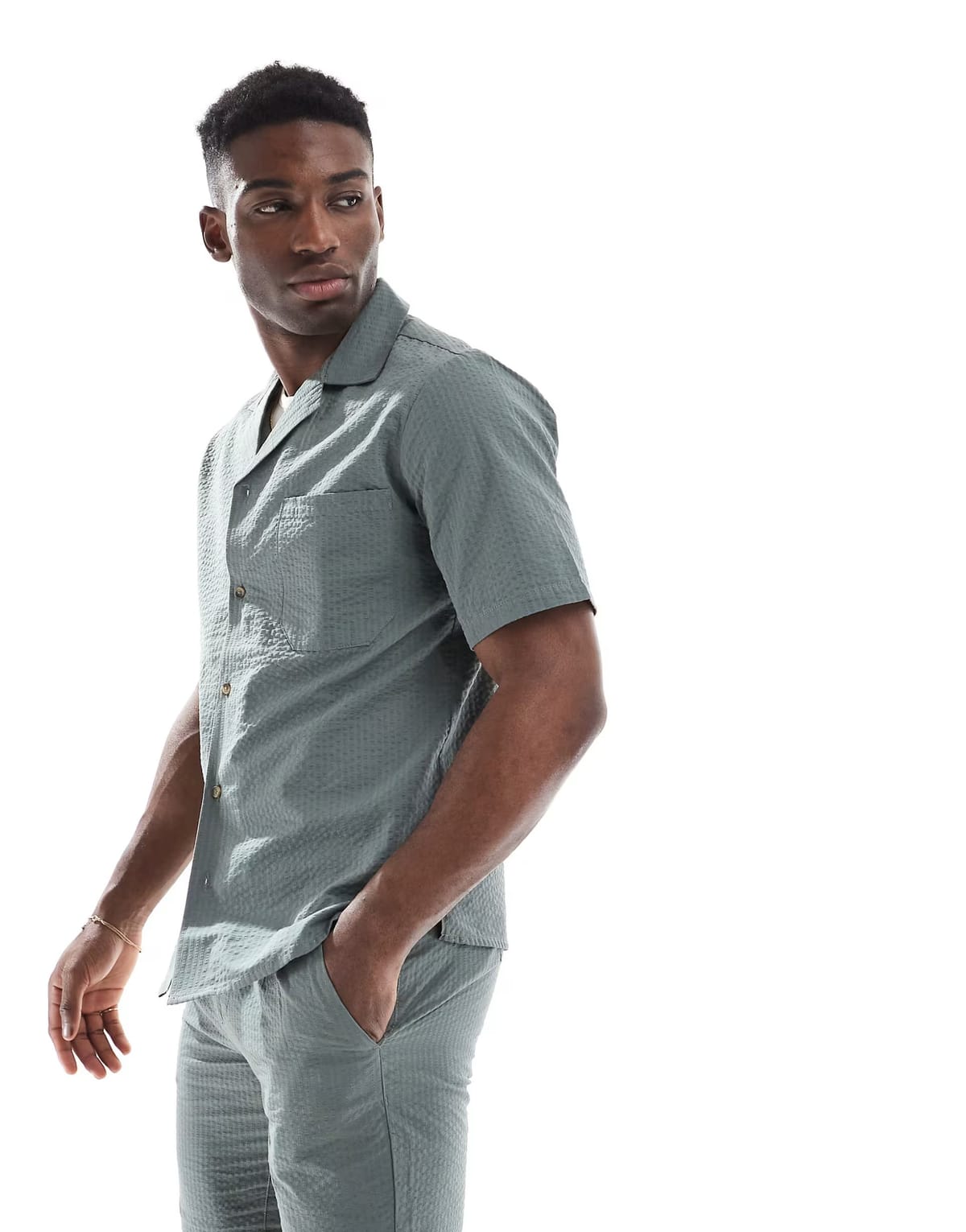 ASOS ONLY & SONS seersucker shirt co-ord in khaki - 1