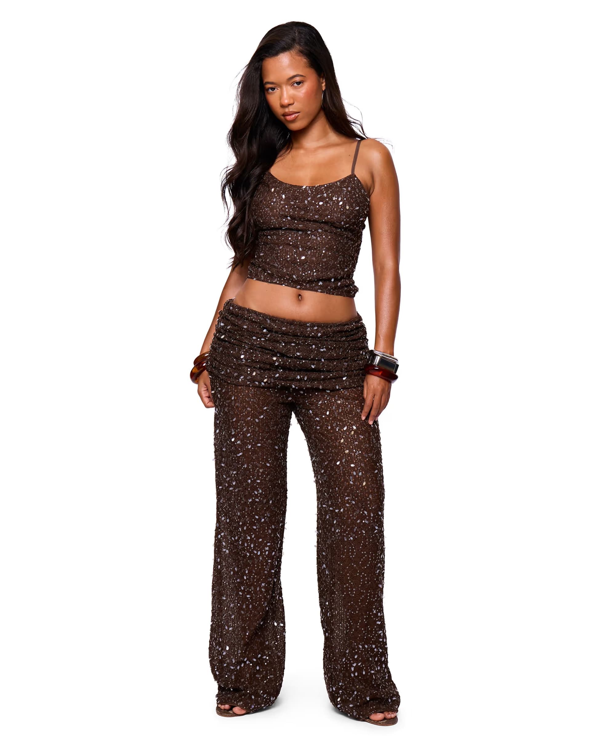 ASOS Missyempire Sequin fold over trousers in chocolate