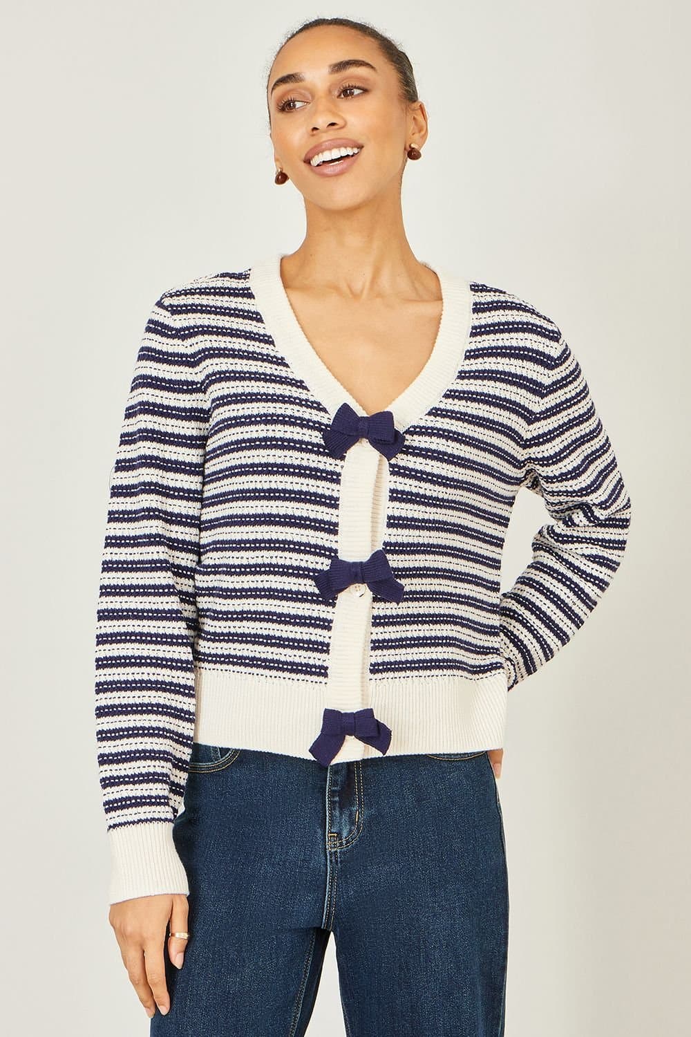 Yumi Yumi Women's Cream & Navy Stripe Cardigan With Bow Detail