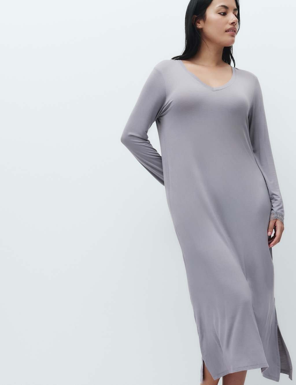 Marks & Spencer M&S Lace Detail Long Sleeve Nightdress Dark Blue - 1