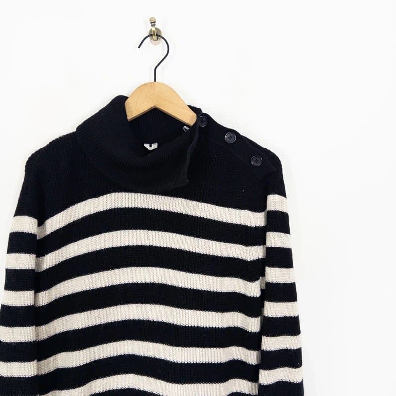 ARKET Arket Cotton Wool Stripe Jumper Size S 8 10 Chunky Knit Black Cream Buttoned