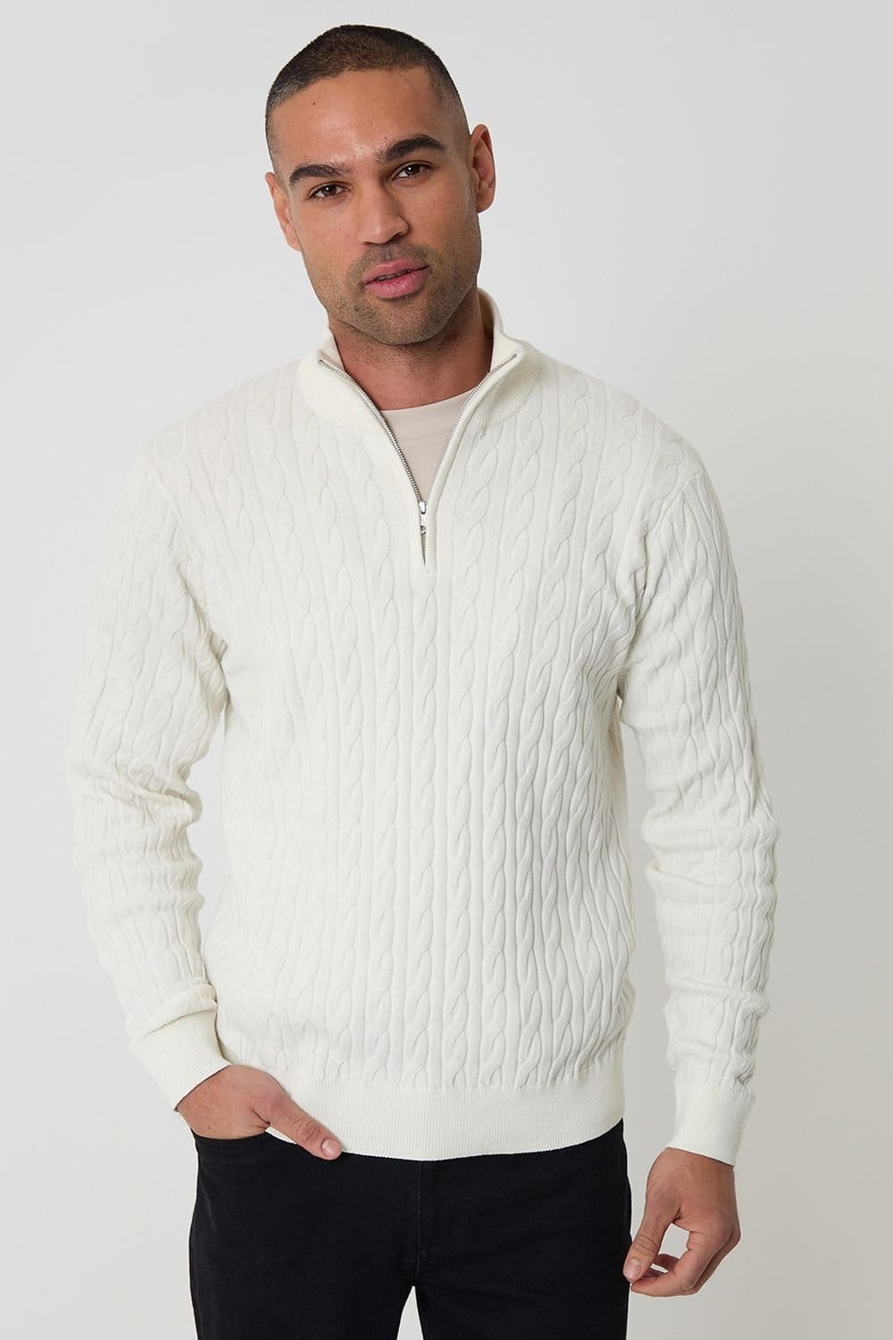Threadbare Threadbare Men's Cable Knit Quarter Zip Jumper in Natural - 1