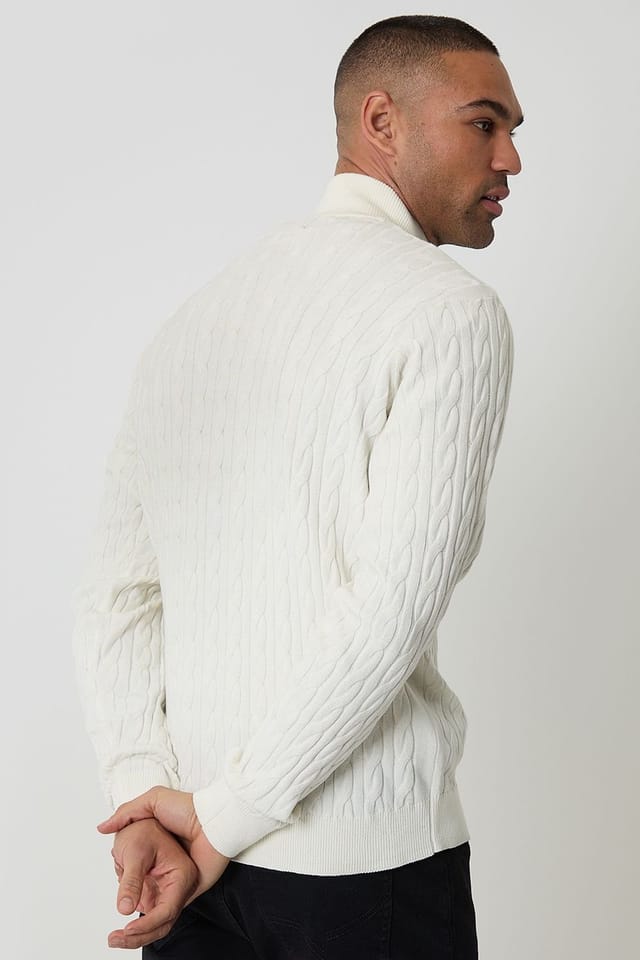Threadbare Threadbare Men's Cable Knit Quarter Zip Jumper in Natural - 2