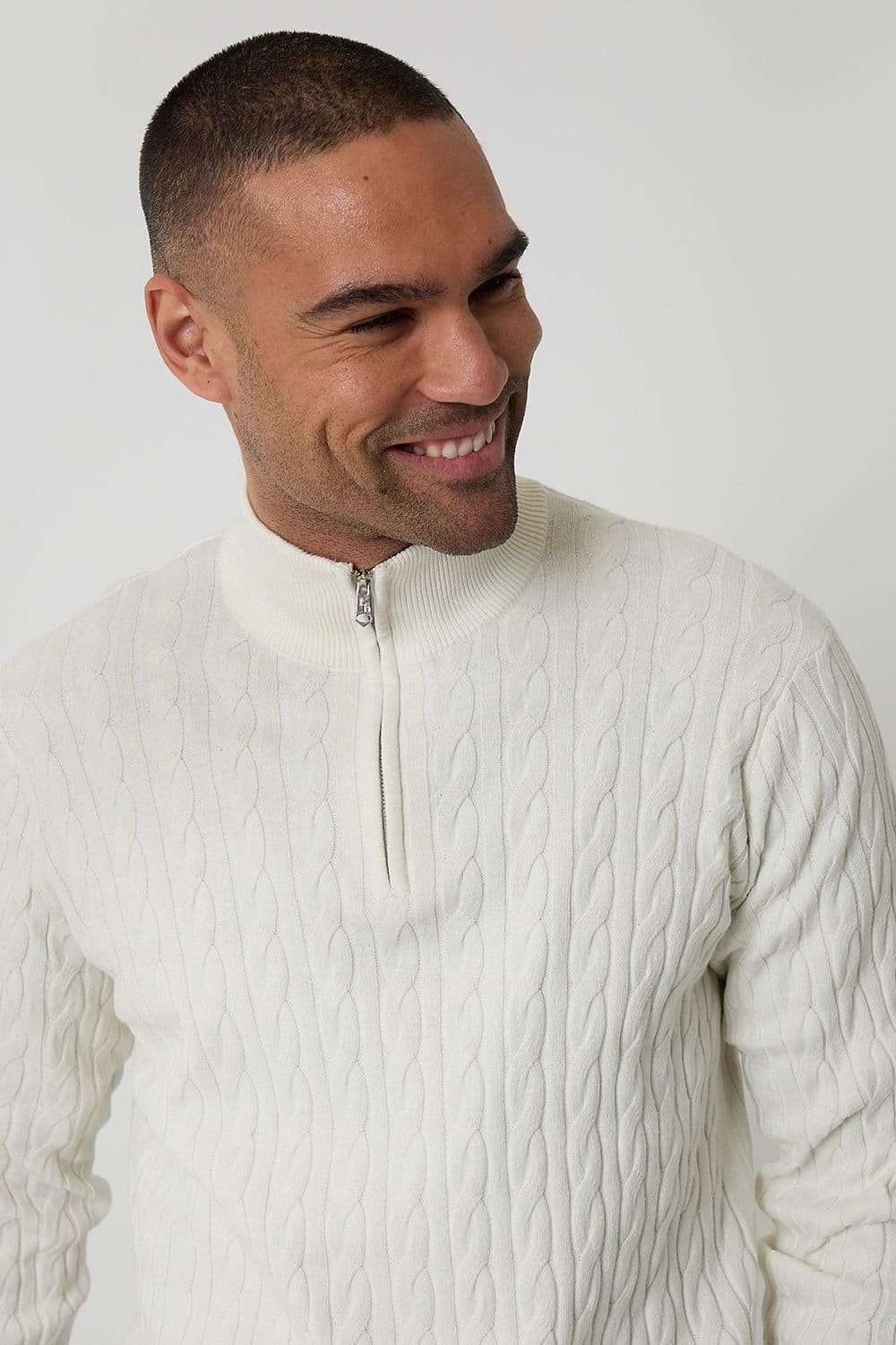Threadbare Threadbare Men's Cable Knit Quarter Zip Jumper in Natural - 4