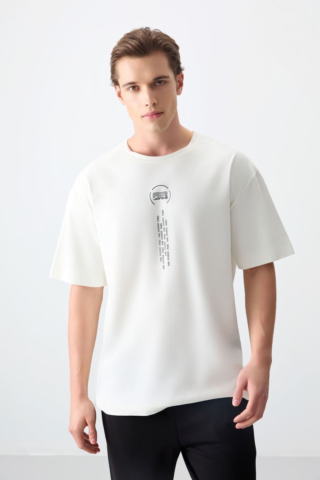 Tommy Life Tommy Life Men's Oversized Cotton Text Print Crew Neck T-Shirt in Off-White