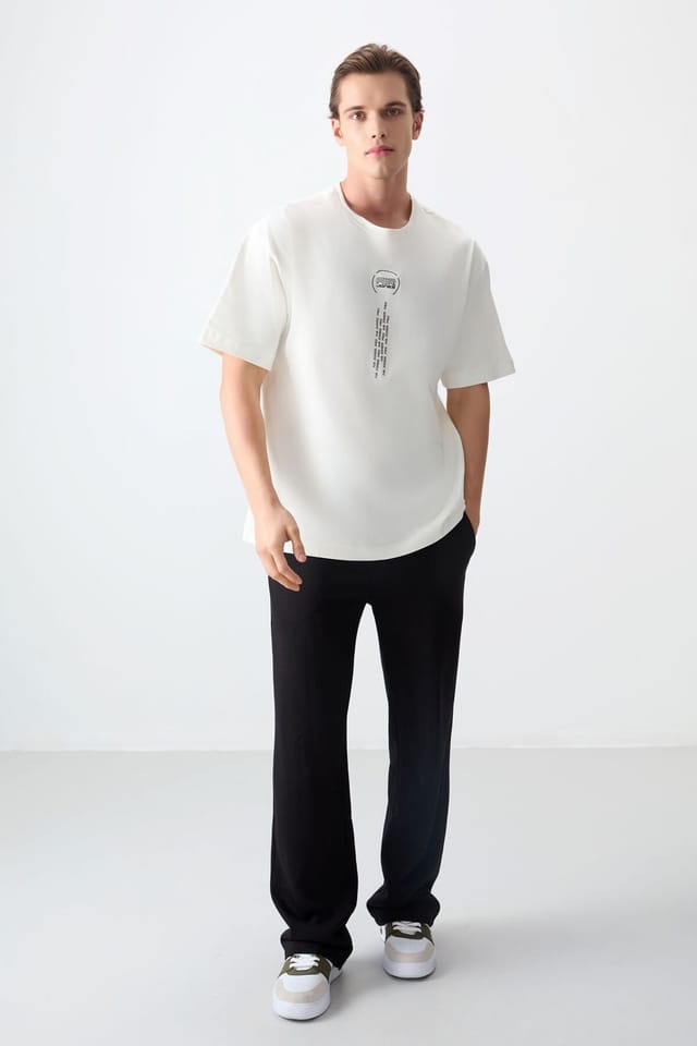 Tommy Life Tommy Life Men's Oversized Cotton Text Print Crew Neck T-Shirt in Off-White - 2