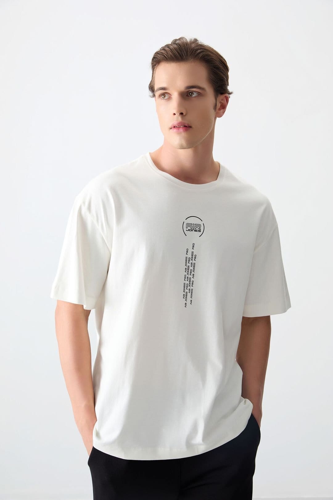 Tommy Life Tommy Life Men's Oversized Cotton Text Print Crew Neck T-Shirt in Off-White - 4