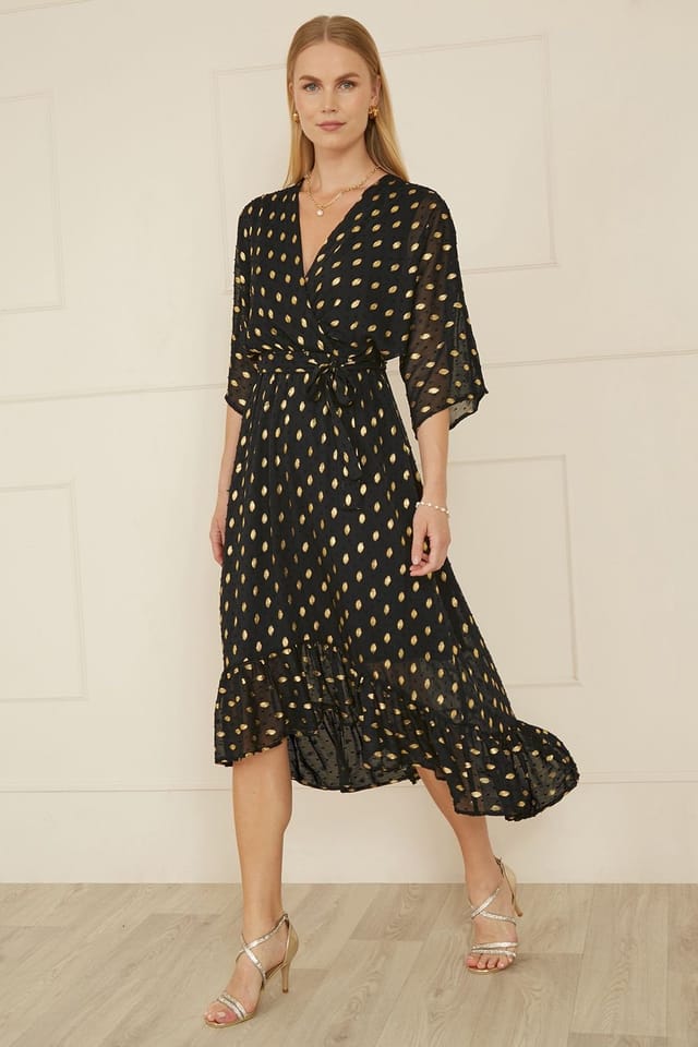 Yumi Yumi Women's Black Foil Print Wrap Over Dip Hem Midi Dress - 2