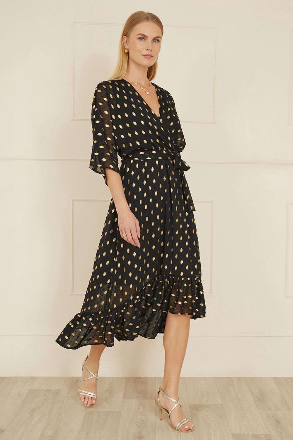 Yumi Yumi Women's Black Foil Print Wrap Over Dip Hem Midi Dress - 3