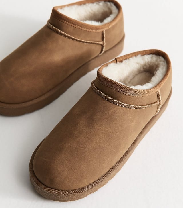 New Look Women's Tan Faux Suede Low Top Sherpa Lined Slipper Boots Vegan New Look - 3