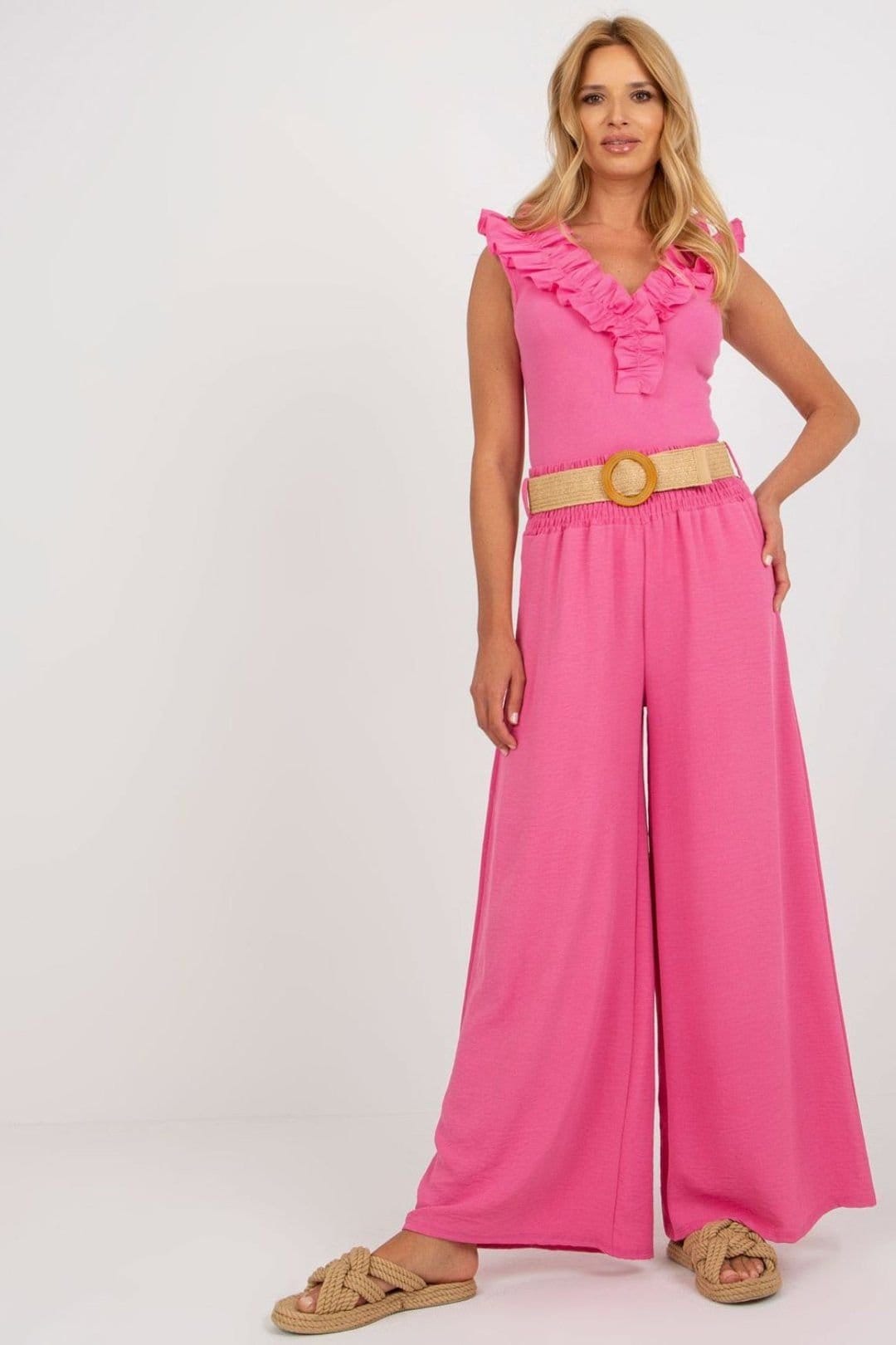 Love Lace Love Lace Women's High Rise Wide Leg Trouser with Belt in Pink - 1