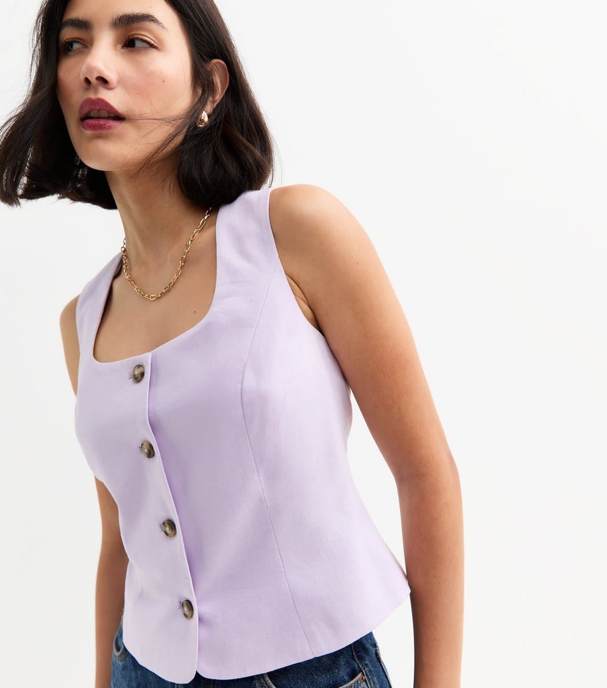 New Look Women's Lilac Linen Blend Square Neck Waistcoat New Look