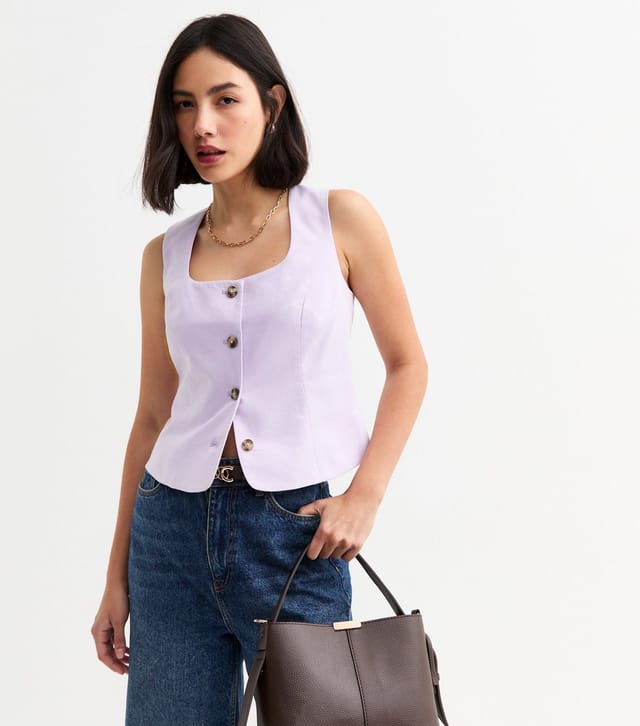 New Look Women's Lilac Linen Blend Square Neck Waistcoat New Look - 2