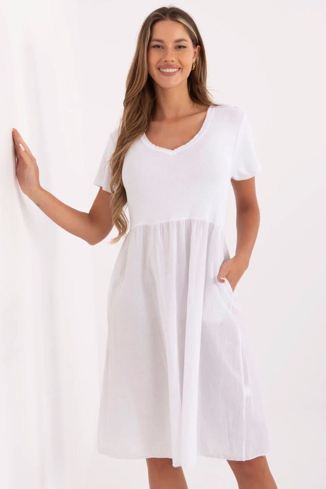 Love Lace Love Lace Women's Cotton Elastane Ribbed V Neck Flared Dress in White