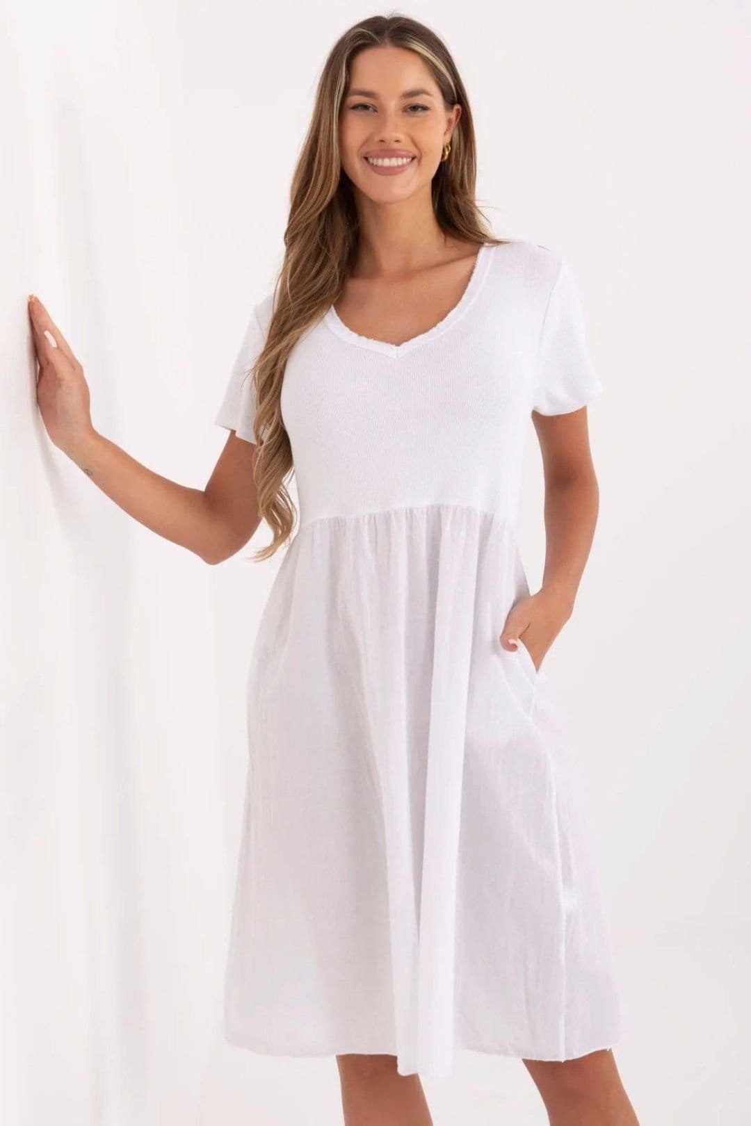 Love Lace Love Lace Women's Cotton Elastane Ribbed V Neck Flared Dress in White - 1