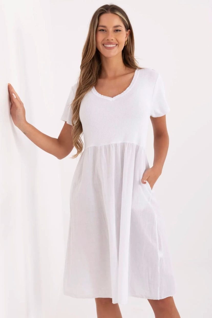 Love Lace Love Lace Women's Cotton Elastane Ribbed V Neck Flared Dress in White - 1